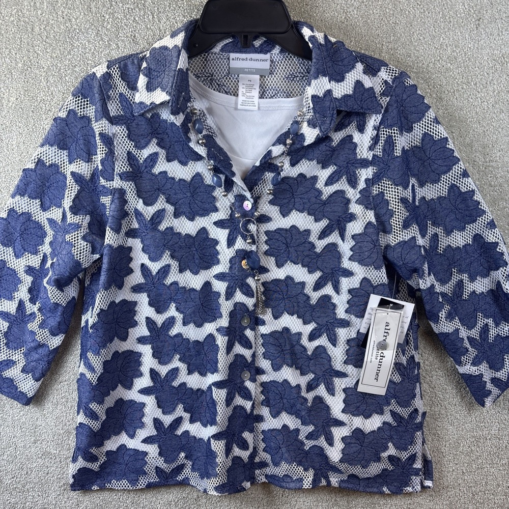 Alfred Dunner Shirt Women Petite Small Blue Floral Mesh Lace 58941 VA Blue Bayou